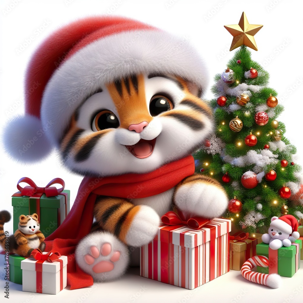 a cute tiger with Christmas tree and gifts , funny, happy, smile, white background a cute tiger with Christmas tree and gifts , funny, happy, smile, white background