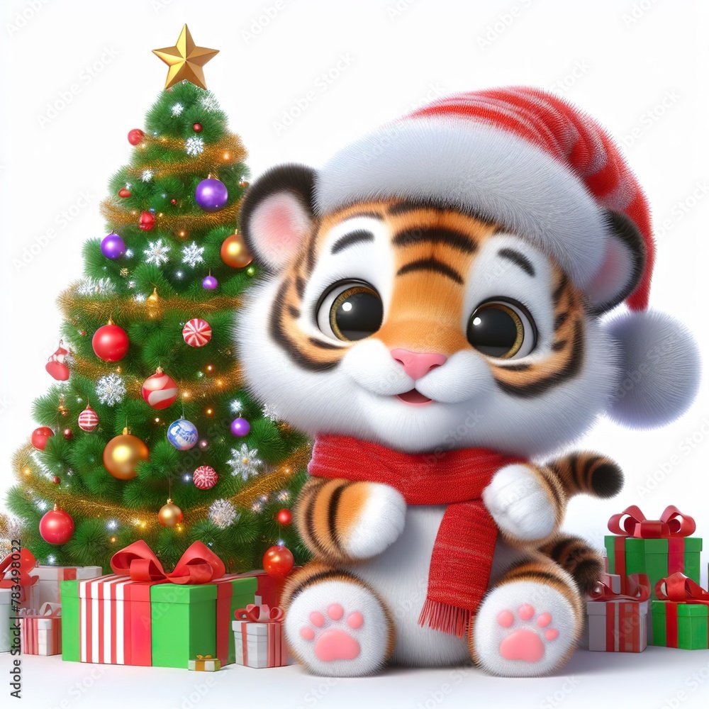 a cute tiger with Christmas tree and gifts , funny, happy, smile, white background a cute tiger with Christmas tree and gifts , funny, happy, smile, white background