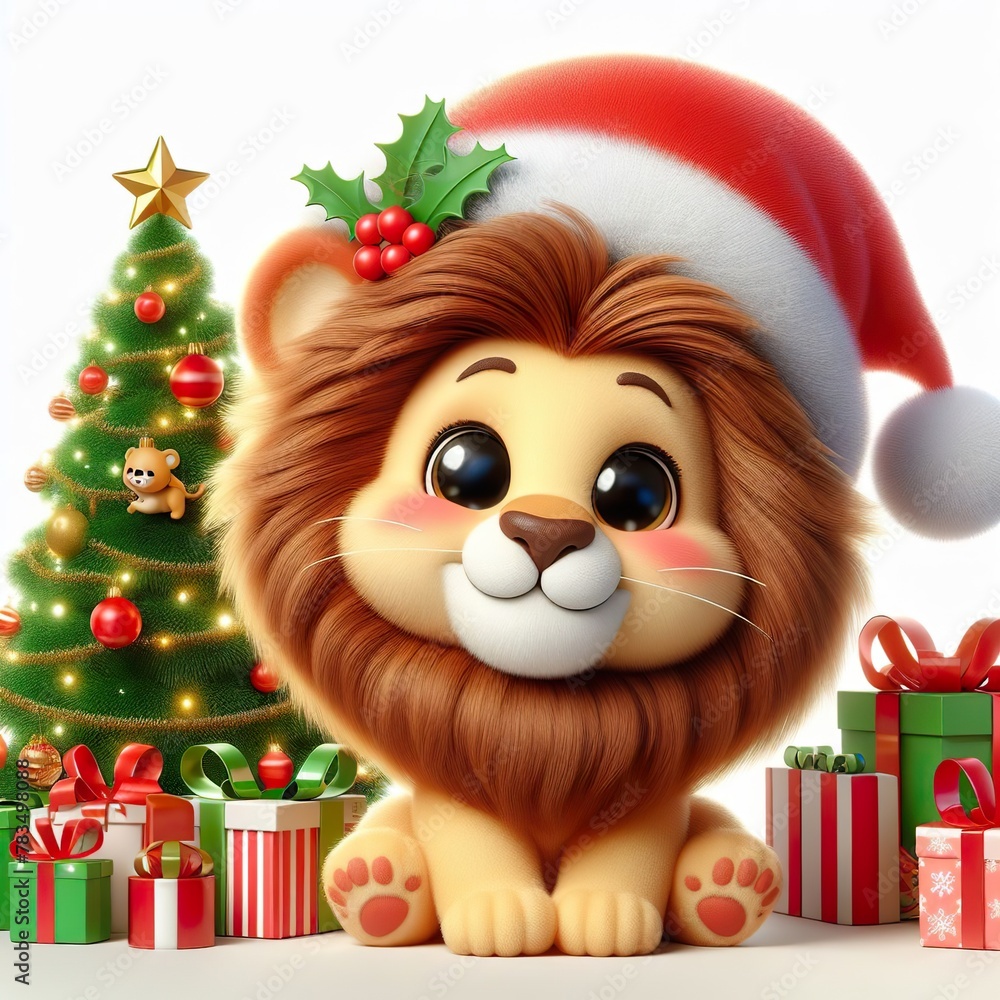 a cute lion with Christmas tree and gifts , funny, happy, smile, white background a cute lion with Christmas tree and gifts , funny, happy, smile, white background