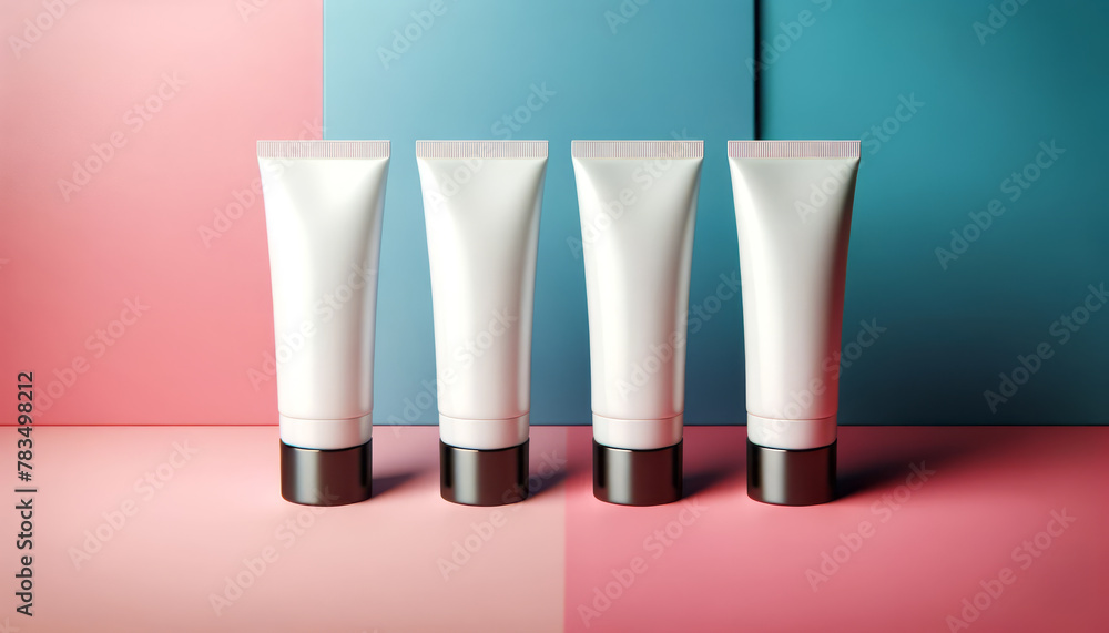 Four blank cosmetic tubes on a pink and blue background, suitable for branding mockup, Generative AI Four blank cosmetic tubes on a pink and blue background, suitable for branding mockup, Generative AI