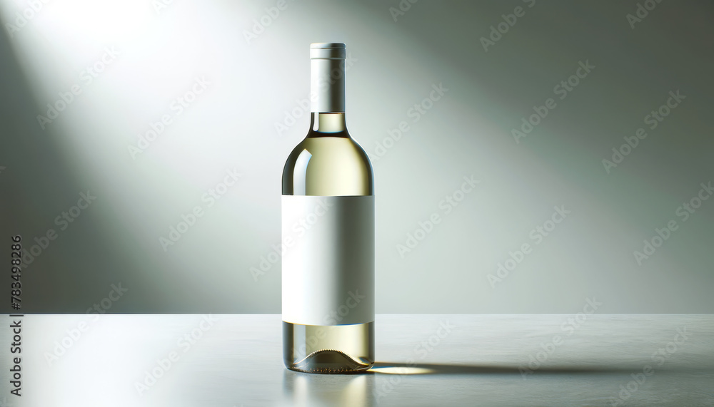 A wine bottle with a blank label on a reflective surface with a light gradient background, ideal for branding mockup. Generative AI A wine bottle with a blank label on a reflective surface with a light gradient background, ideal for branding mockup. Generative AI
