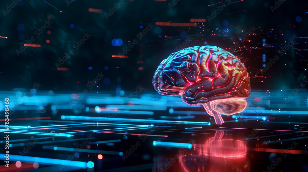 A computer chip with a brain on it. The brain is blue and red. The chip is on a black background
A computer chip with a brain on it. The brain is blue and red. The chip is on a black background