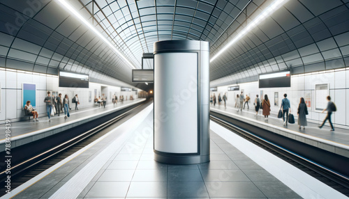 Empty advertising column in a subway station with people waiting on the platform, modern interior, concept of public transport advertising. Generative AI photo