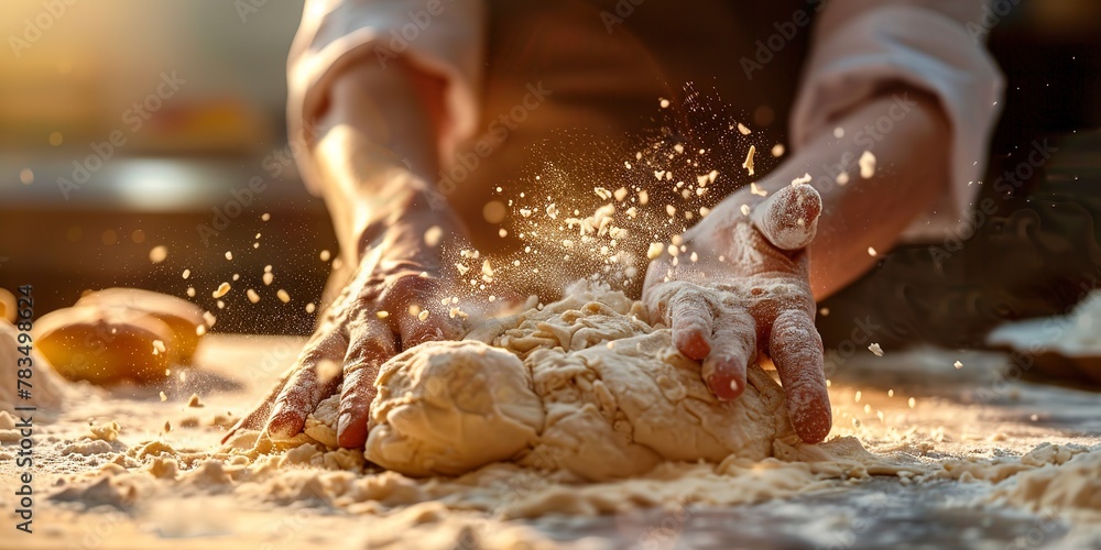 Dough kneading on floured surface, hands detailed, soft morning light, close view 