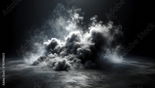 Intense smoke explosion on dark concrete background. Power and energy concept. Generative AI