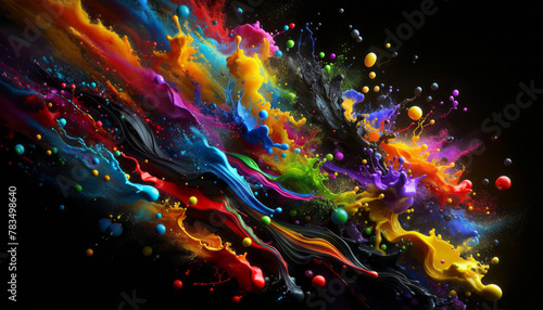 Abstract fluid art with colorful paint splashes and marbled effect on dark background. Generative AI