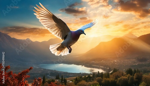 symbolic Peace concept featuring a dove gracefully flying over a tranquil landscape  symbolizing hope and unity. Background