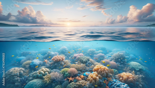 Colorful coral reef under sunrise sky with cloud reflections on water. Ecosystem diversity concept. Generative AI