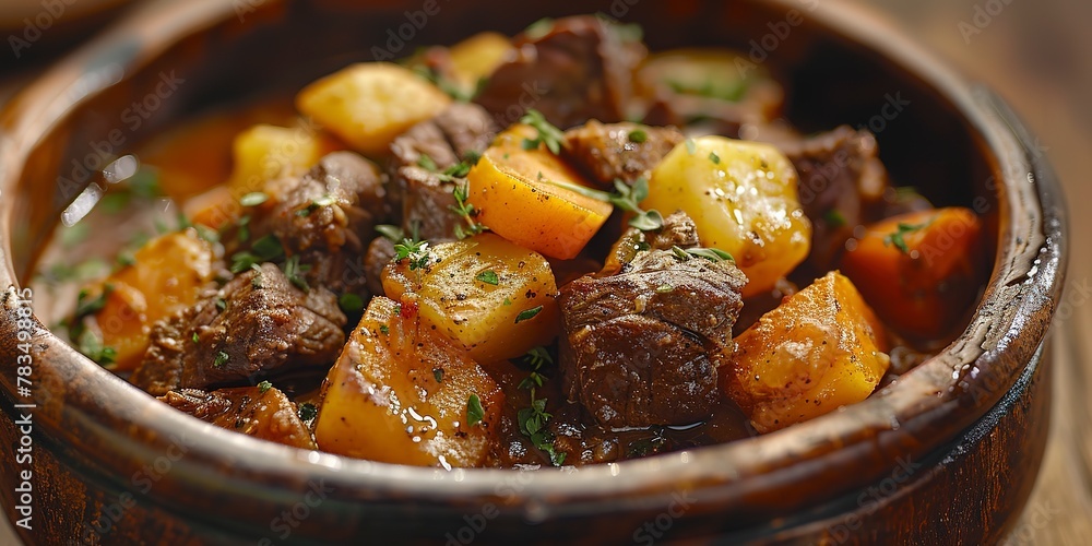 Rich beef stew, carrot and potato chunks, rustic bowl, dim light, close focus, high detail Rich beef stew, carrot and potato chunks, rustic bowl, dim light, close focus, high detail