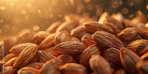 Almonds in heap, soft side light, nutty texture highlighted, close shot, high detail 