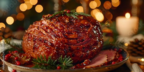 Glazed ham, holiday lights twinkling in background, close-up, warm festive glow