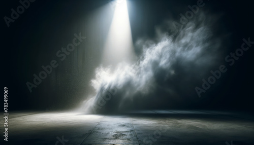 Majestic light rays over foggy concrete floor in darkness. Divine and ethereal concept. Generative AI