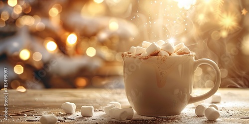 Hot chocolate mug, marshmallows floating, close up, warm steam, holiday background blur