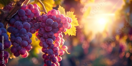 Close-up purple grapes, vineyard background blur, golden hour lighting, lush details 