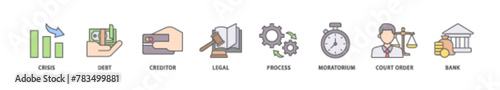 Bankruptcy icon packs for your design digital and printing of bank ,court order, legal, moratorium, process, creditor, debt, crisis icon live stroke and easy to edit 