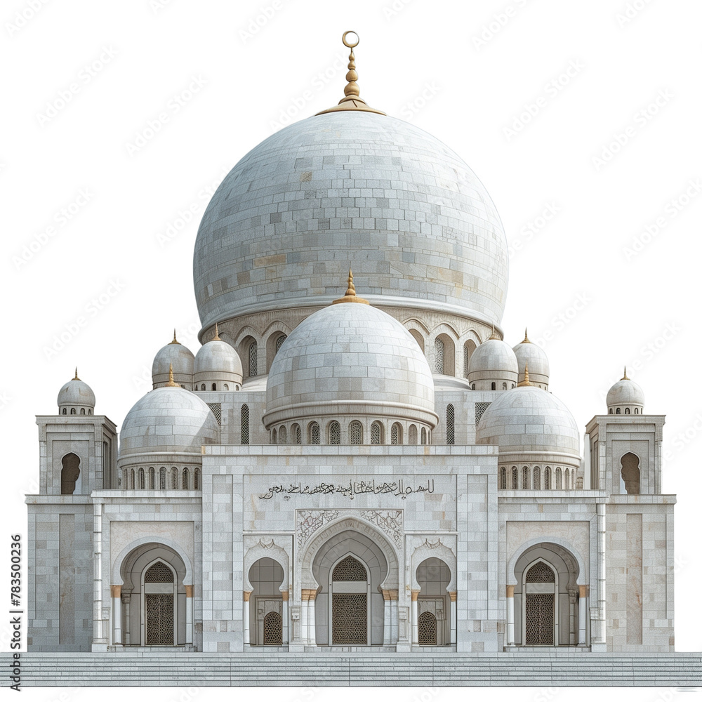The artistic building of a magnificent Islamic mosque with charming textures of building elements, transparent white background. Great for business, background, blog, web, religious etc