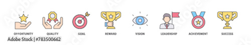 Encourage icon packs for your design digital and printing of opportunity, quality, goal, reward, vision, leadership, achievement, success icon live stroke and easy to edit 