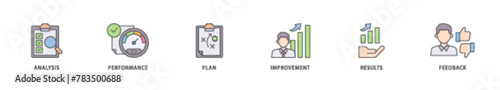 Evaluation icon packs for your design digital and printing of analysis, performance, plan, improvement, results, and feedback  icon live stroke and easy to edit 