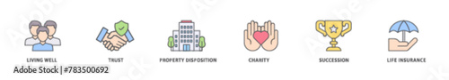 Estate planning icon packs for your design digital and printing of living well, trust, property disposition, charity, succession, life insurance icon live stroke and easy to edit 