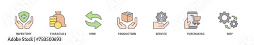 ERP icon packs for your design digital and printing of inventory, financials, hrm, production, service, purchasing, and mrp icon live stroke and easy to edit 