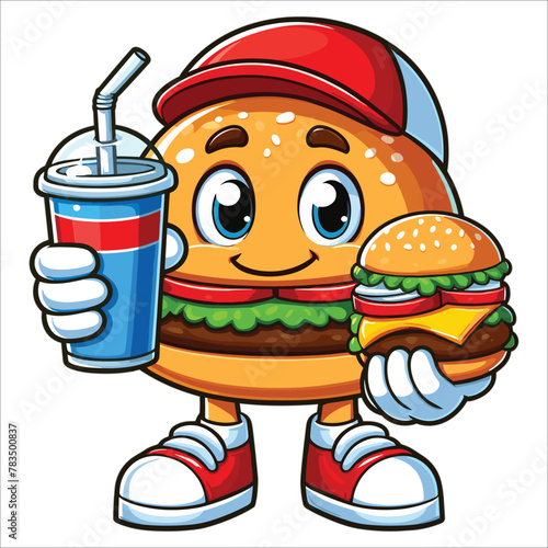 Cartoon hamburger in red cap holding a cup of soda vector