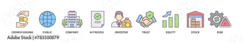 Ipo icon packs for your design digital and printing of crowdfunding, public company, approved, investor, trust, equity, stock and risk icon live stroke and easy to edit 