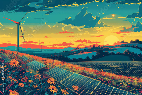 Pop art illustration of renewable energy sources, wind turbines and solar panels in a colorful setting.