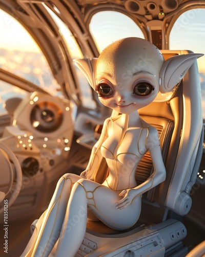 A cute alien woman with large eyes and an oversized head sits in the captains chair of her spaceship, wearing skintight made from a white, plasticlike material The artwork is rendered in a hyperrealis photo