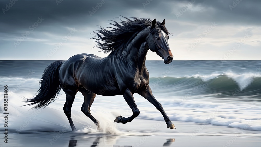 Surf's Majesty: Black Horse Running Along the Shoreline Surf's Majesty: Black Horse Running Along the Shoreline