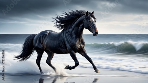 Surf's Majesty: Black Horse Running Along the Shoreline © giovanni