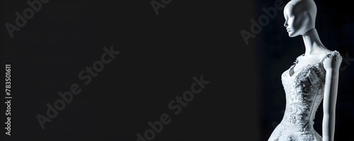 Designer gown mannequin web banner. Mannequin showcasing elegant gown isolated on black background.