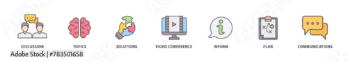 Meeting icon packs for your design digital and printing of communications, topics, solutions, plan, inform and video conference  icon live stroke and easy to edit 