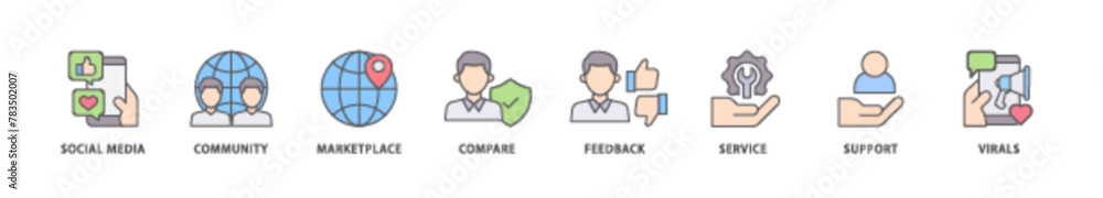 Social commerce icon packs for your design digital and printing of social media, community, marketplace, compare, feedback, service, support and virals icon live stroke and easy to edit 