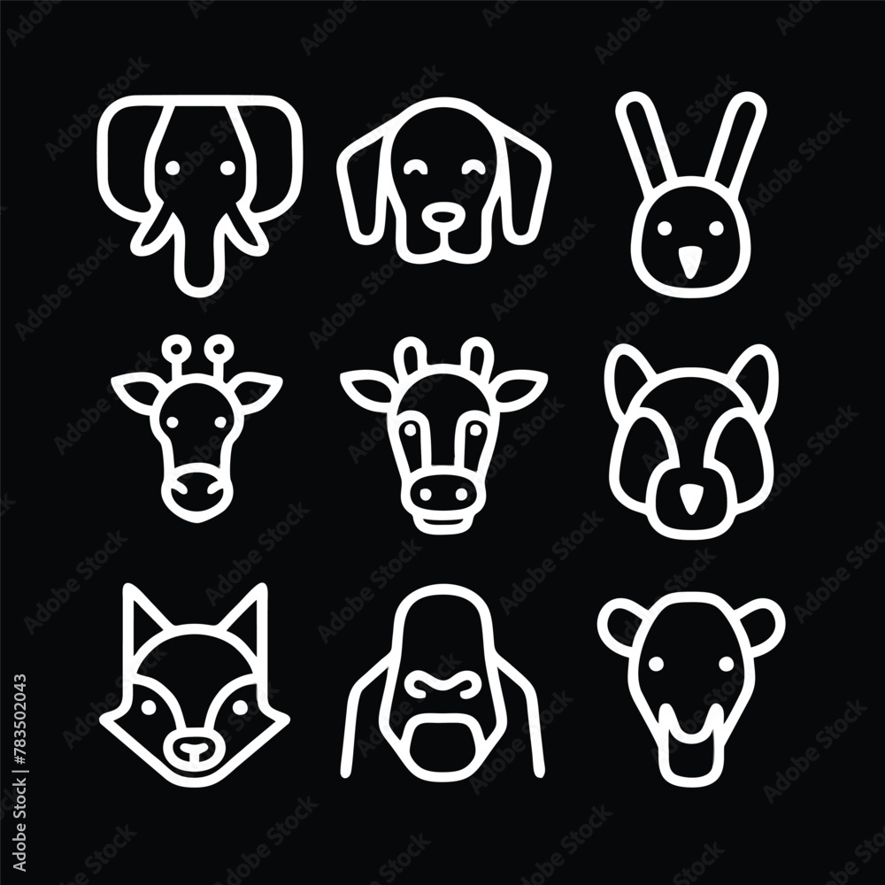 A set of nine icon illustration of a unique animal concept. elephant, dog, rabbit, giraffe, cow,squirrel, fox, gorilla, camel. Set collection of animals Icons. Simple line art style icons pack A set of nine icon illustration of a unique animal concept. elephant, dog, rabbit, giraffe, cow,squirrel, fox, gorilla, camel. Set collection of animals Icons. Simple line art style icons pack