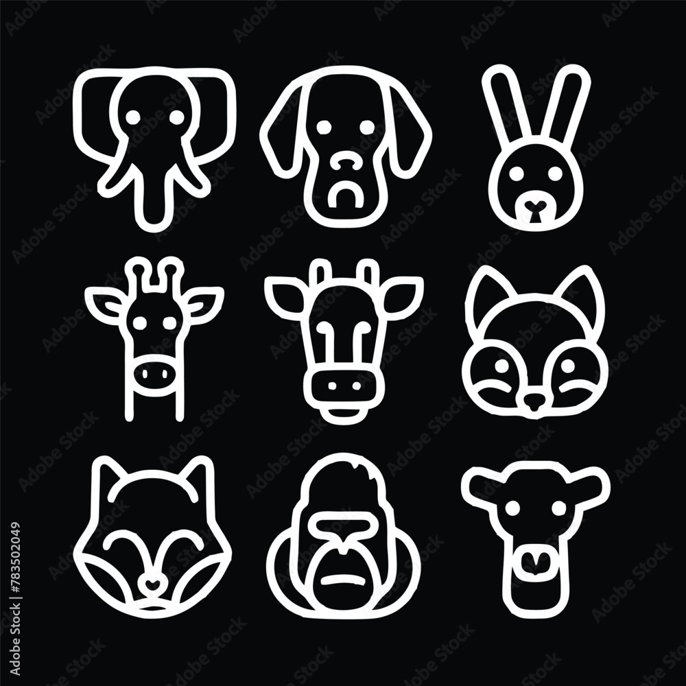 A set of nine icon illustration of a unique animal concept. elephant, dog, rabbit, giraffe, cow,squirrel, fox, gorilla, camel. Set collection of animals Icons. Simple line art style icons pack A set of nine icon illustration of a unique animal concept. elephant, dog, rabbit, giraffe, cow,squirrel, fox, gorilla, camel. Set collection of animals Icons. Simple line art style icons pack