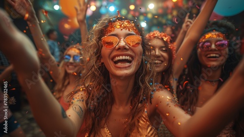 Energetic young woman at a party enjoying the moment, surrounded by confetti and festivities.