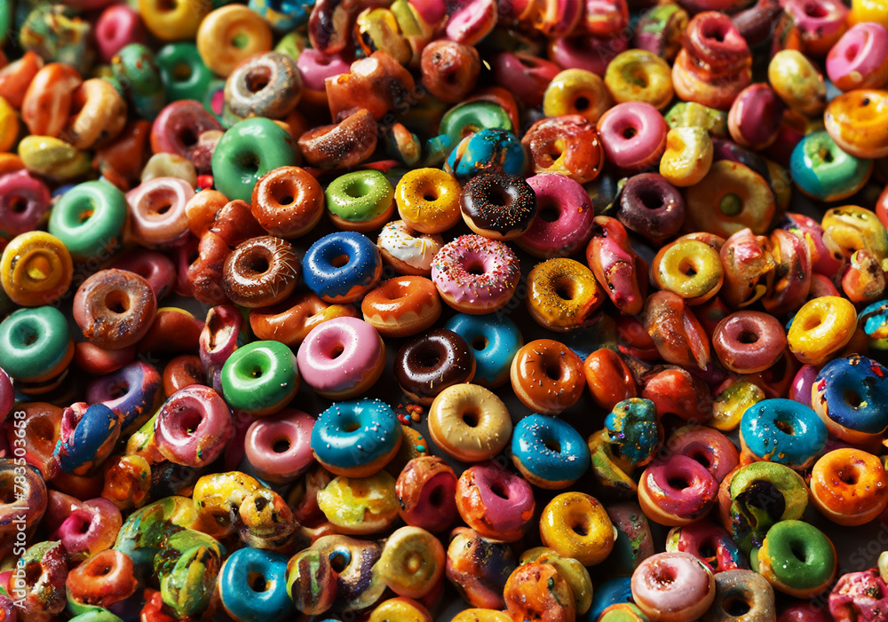 Rows of rainbow-hued donuts await eager indulgence.