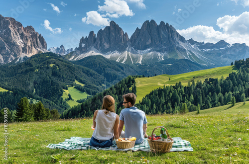 A couple having an outdoor picnic in the green grass of Dolomites, Italy with blue sky and white clouds