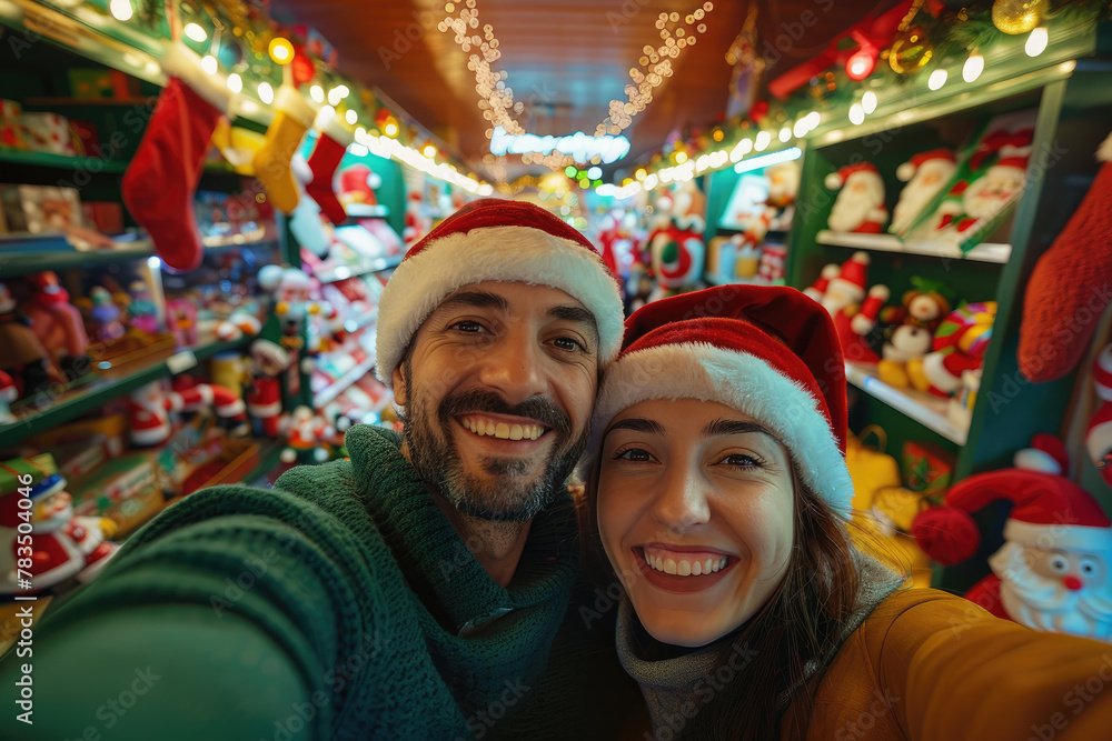 A young couple took a selfie in the Christmas store, surrounded by decorations and gifts. 