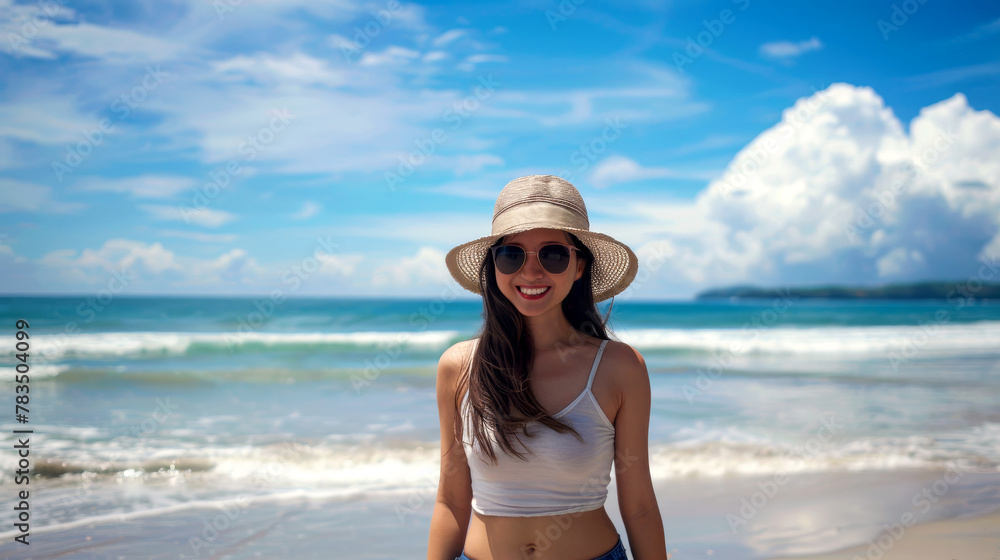 Shades of summer: sun-kissed beauty in panama hat relaxing by the sea