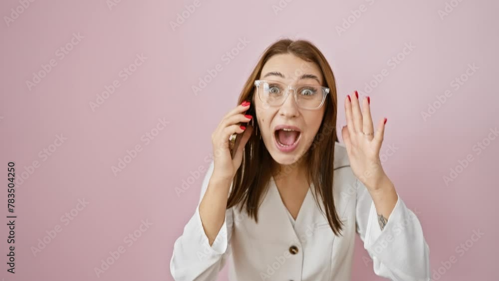 Stunned young brunette girl, open mouth in amazement, scared and amazed while speaking over phone, disbelief etched on her face, isolated over pink background Stunned young brunette girl, open mouth in amazement, scared and amazed while speaking over phone, disbelief etched on her face, isolated over pink background