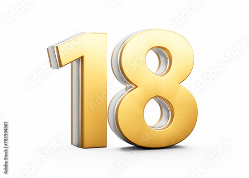 3D Golden Shiny Number 18 Eighteen With Silver Outline Isolated On White Background 3D Illustration