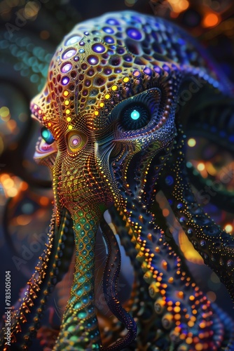 alien organic life form with mandelbulb fractal patterns, bioluminescent skin with glowing eyes and tentacles, golden ratio body proportions, otherworldly fantasy art style, digital painting with intr