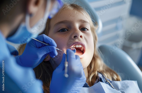 Dentist holding a teen girl's mouth open during a teeth treatment at a clinic, wearing a blue uniform and gloves
