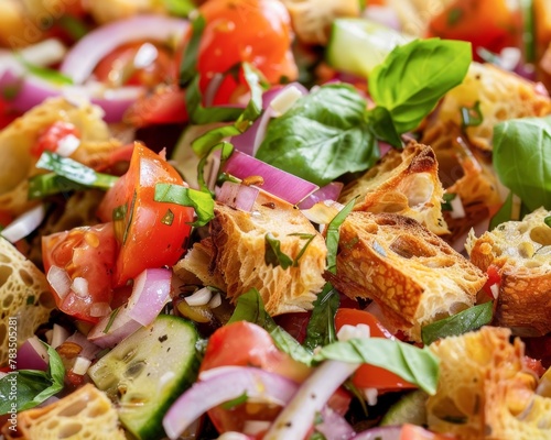 A close-up of a Panzanella salad capturing the freshness of the ingredients and textures