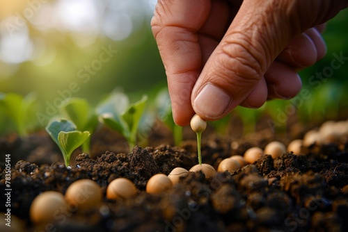  Human hand planting a seed in soil soft afternoon light