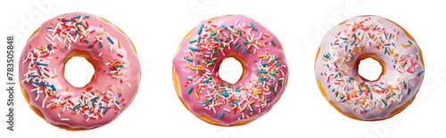 set of pink donuts with sprinkles isolated on transparent background