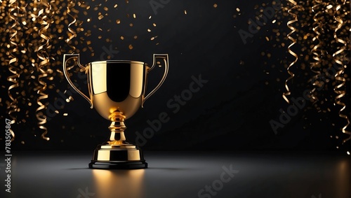 Sparkles black background with a winners cup. Champion golden trophy on black background. Concept of success and achievement.