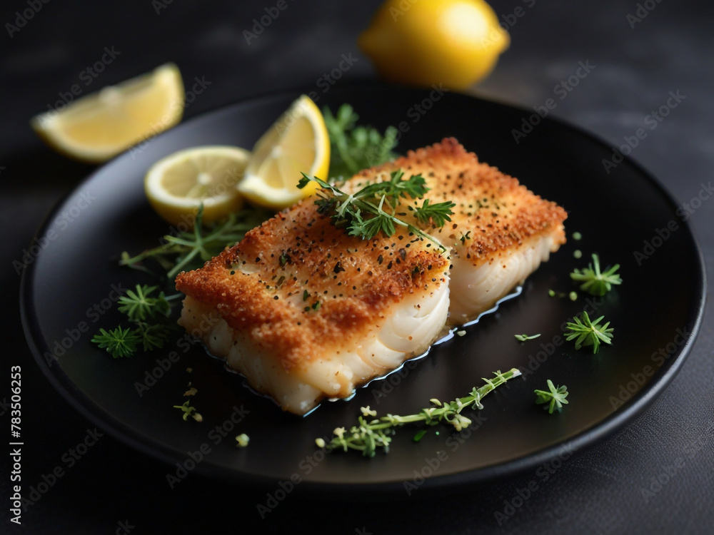 A piece of fish is served on a plate with a side of rice and vegetables A piece of fish is served on a plate with a side of rice and vegetables