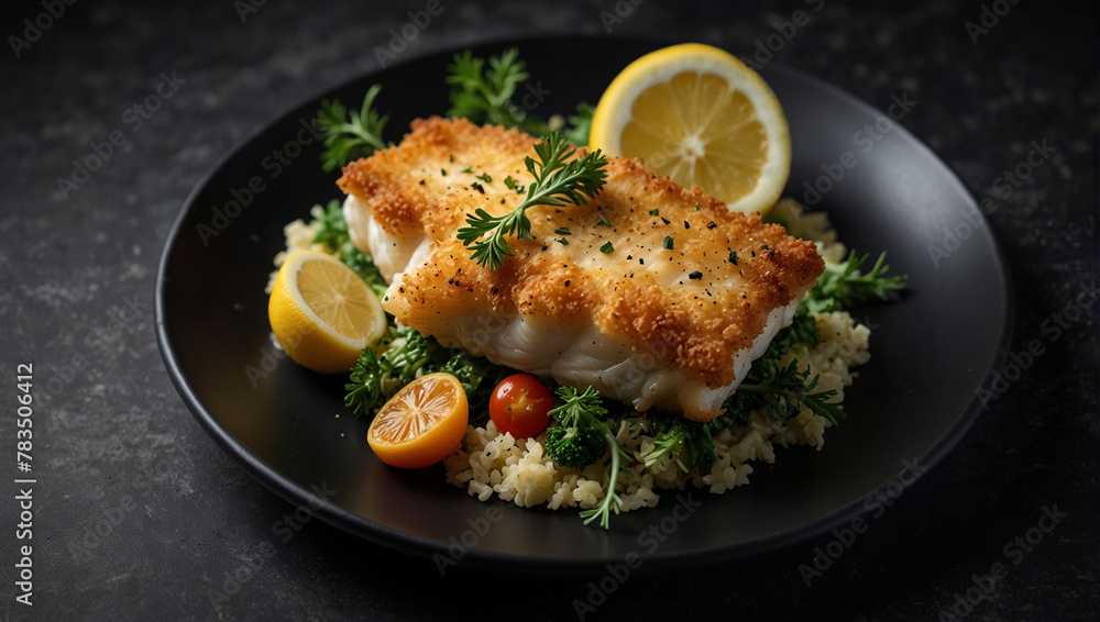 A piece of fish is served on a plate with a side of rice and vegetables A piece of fish is served on a plate with a side of rice and vegetables